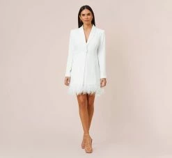 Charmeuse Tuxedo Short Sheath Cocktail Dress With Feather Trim In Ivory