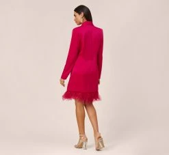 Charmeuse Tuxedo Short Sheath Cocktail Dress With Feather Trim In Bright Rose 9 Charmeuse Tuxedo Short Sheath Cocktail Dress With Feather Trim In Bright Rose -Adrianna Papell Shop MN1E206883 AN670 Regular Back