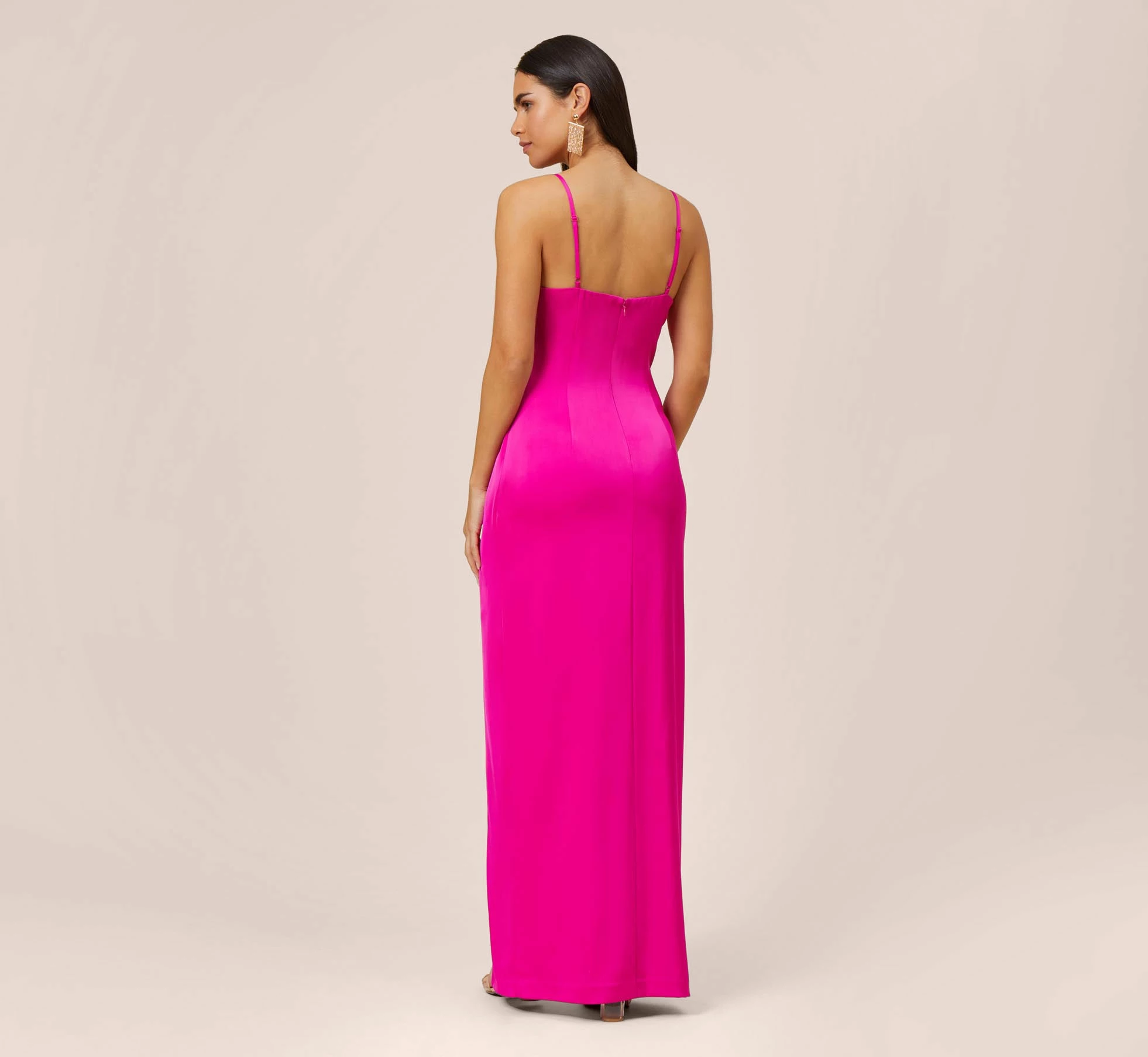 Stretch Satin Cowl Neck Long Column Gown With Slit In Pink Flame 4 Stretch Satin Cowl Neck Long Column Gown With Slit In Pink Flame - Image 4