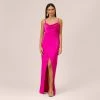 Stretch Satin Cowl Neck Long Column Gown With Slit In Pink Flame