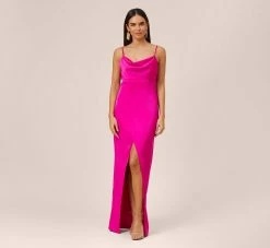 Stretch Satin Cowl Neck Long Column Gown With Slit In Pink Flame