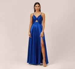 Twist Front Satin Gown With Cutout In True Blue