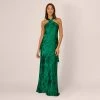 Metallic Chiffon Halter Gown In Green