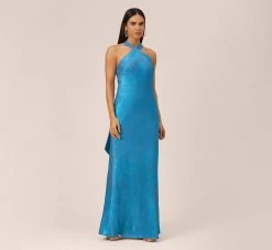 Metallic Chiffon Halter Gown In Ocean Dream