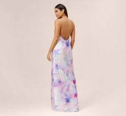 Watercolor Print Satin Gown In Purple Multi -Adrianna Papell Shop MN1E206966 AA592 Regular Back