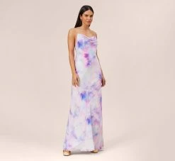 Watercolor Print Satin Gown In Purple Multi