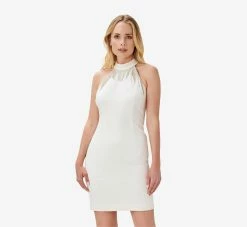 Crepe Mini Sheath Cocktail Dress With Crystal Trim In Ivory