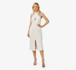 Satin Crisscross Halter Midi-Length Cocktail Dress In Ivory 6 Satin Crisscross Halter Midi-Length Cocktail Dress In Ivory -Adrianna Papell Shop MN1E207218 AC194 Regular Alternate