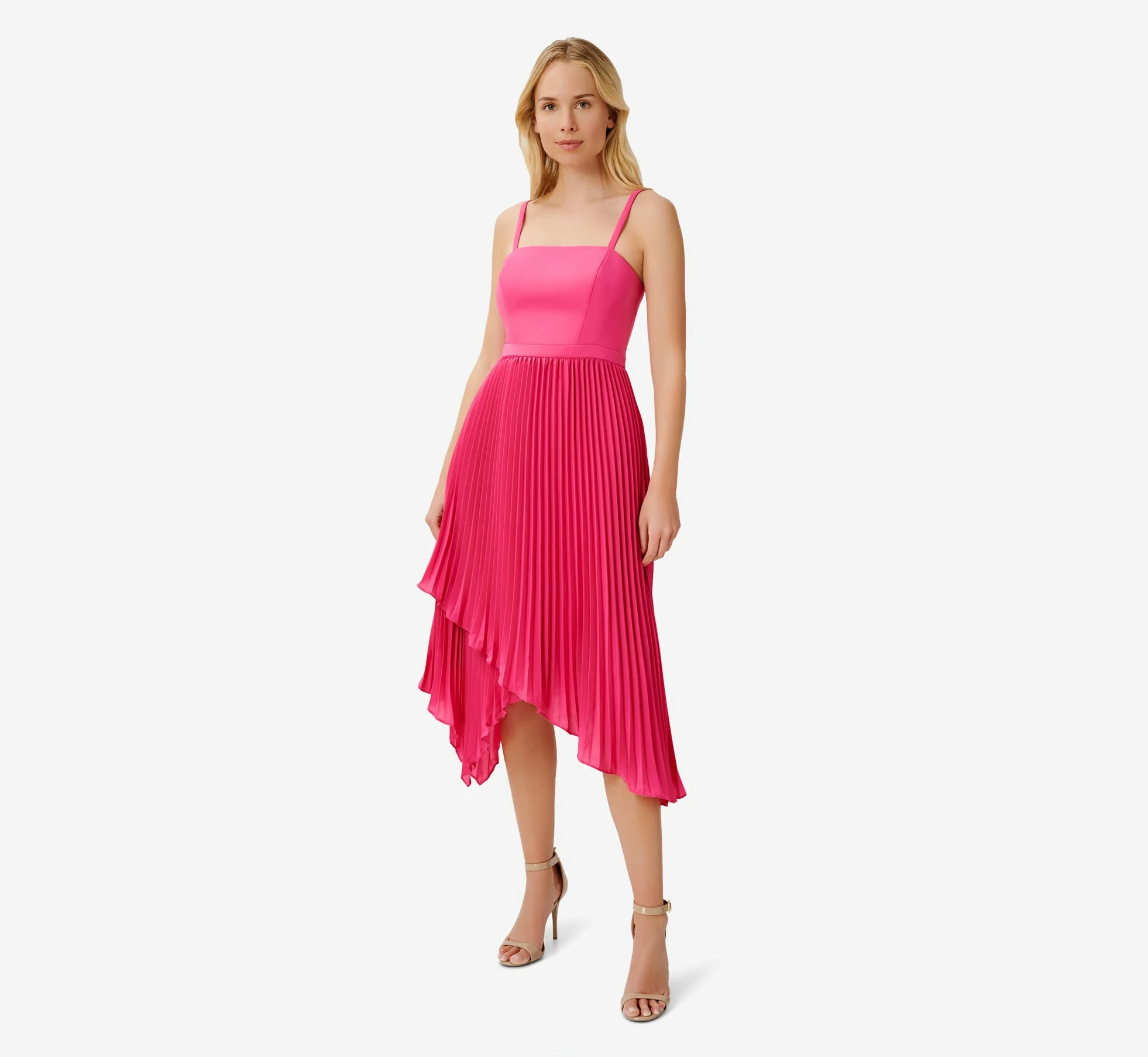 Asymmetrical Pleated Midi-Length Dress In Watermelon Bliss 3 Asymmetrical Pleated Midi-Length Dress In Watermelon Bliss - Image 3