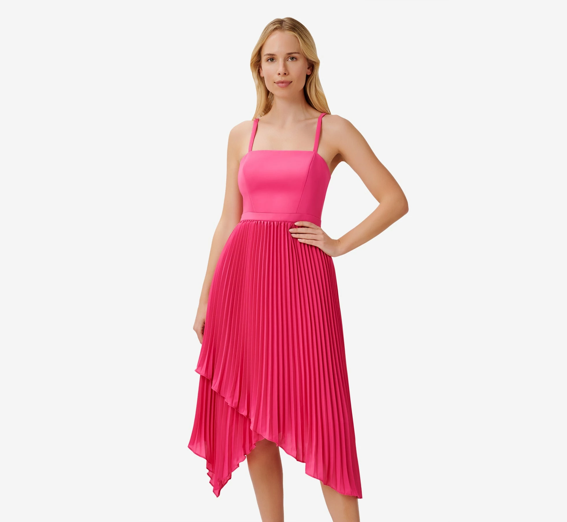 Asymmetrical Pleated Midi-Length Dress In Watermelon Bliss 1 Asymmetrical Pleated Midi-Length Dress In Watermelon Bliss