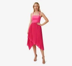 Asymmetrical Pleated Midi-Length Dress In Watermelon Bliss 7 Asymmetrical Pleated Midi-Length Dress In Watermelon Bliss -Adrianna Papell Shop MN1E207308 AH660 Regular Side