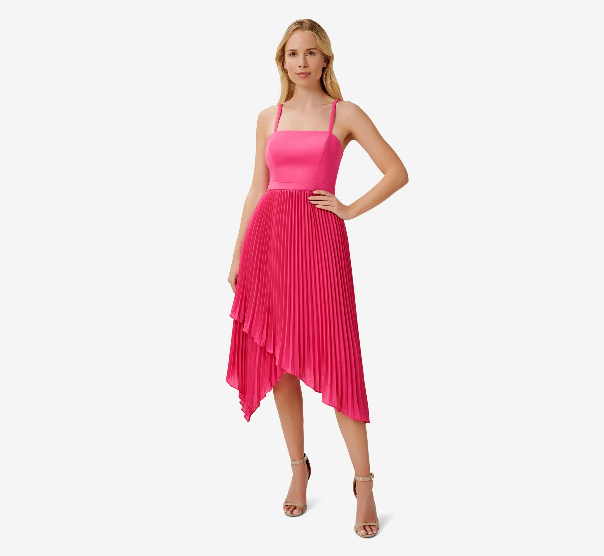 Asymmetrical Pleated Midi-Length Dress In Watermelon Bliss 4 Asymmetrical Pleated Midi-Length Dress In Watermelon Bliss - Image 4