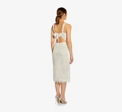 Crochet-Embroidered Midi-Length Sheath Cocktail Dress In Ivory -Adrianna Papell Shop MN1E207314 AC194 Regular Back