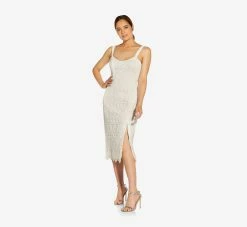 Crochet-Embroidered Midi-Length Sheath Cocktail Dress In Ivory -Adrianna Papell Shop MN1E207314 AC194 Regular Side