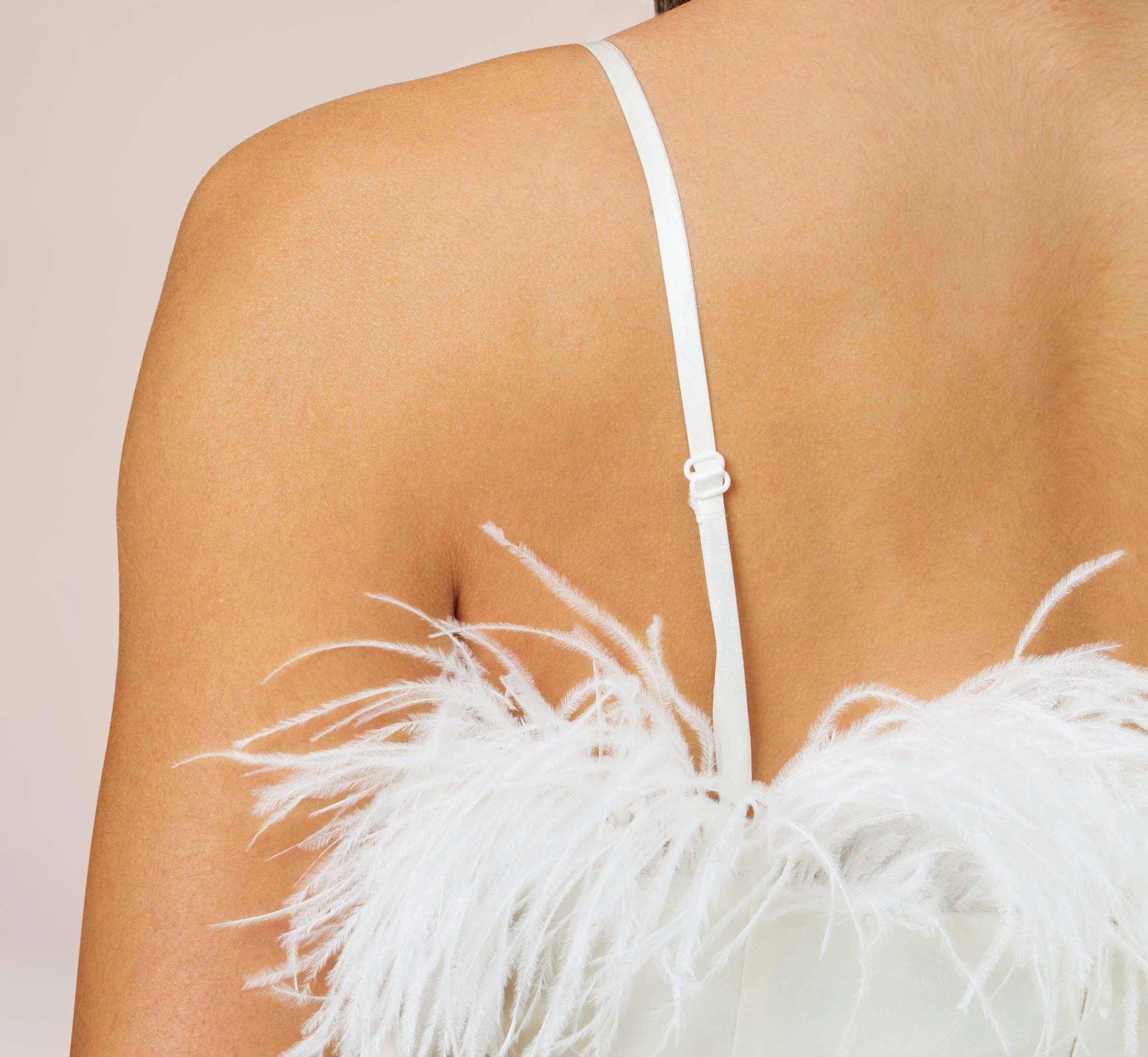 Feather Trimmed Crepe Short Sheath Cocktail Dress In Ivory 3 Feather Trimmed Crepe Short Sheath Cocktail Dress In Ivory - Image 3