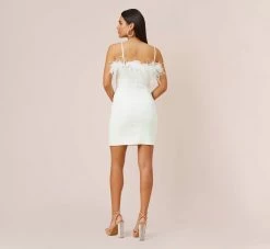 Feather Trimmed Crepe Short Sheath Cocktail Dress In Ivory 8 Feather Trimmed Crepe Short Sheath Cocktail Dress In Ivory -Adrianna Papell Shop MN1E207440 AC194 Regular Back
