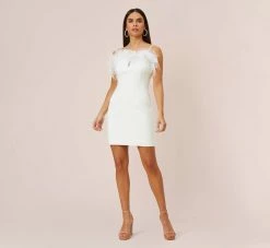 Feather Trimmed Crepe Short Sheath Cocktail Dress In Ivory