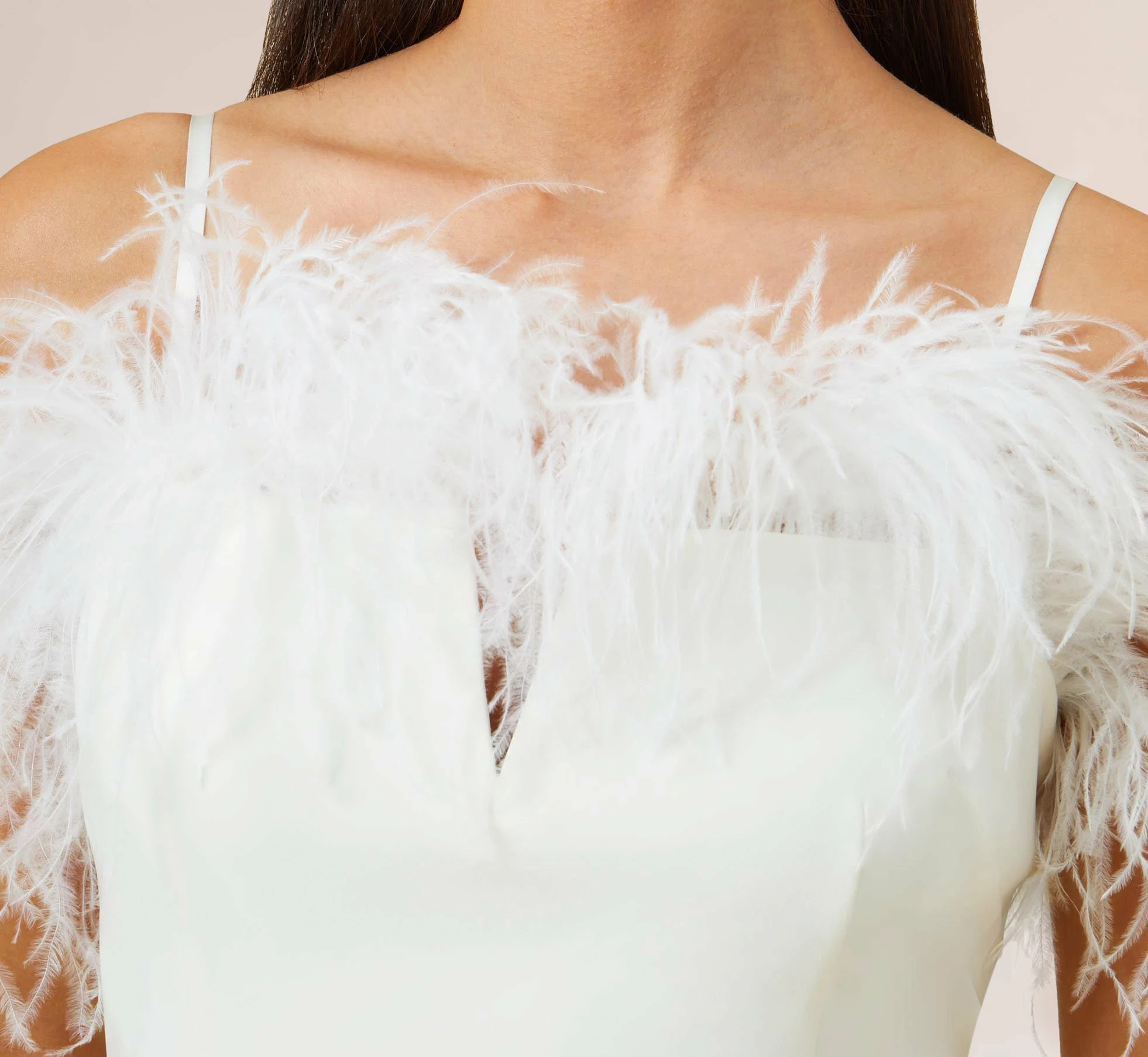 Feather Trimmed Crepe Short Sheath Cocktail Dress In Ivory 5 Feather Trimmed Crepe Short Sheath Cocktail Dress In Ivory - Image 5