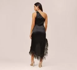 One-Shoulder Satin Dress With Feather Trim In Black -Adrianna Papell Shop MN1E207482 AA002 Regular Back