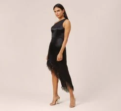 One-Shoulder Satin Dress With Feather Trim In Black