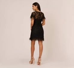 Floral Lace And Feather Trimmed Short Sheath Cocktail Dress In Black -Adrianna Papell Shop MN1E207483 AA002 Regular Back