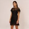 Floral Lace And Feather Trimmed Short Sheath Cocktail Dress In Black