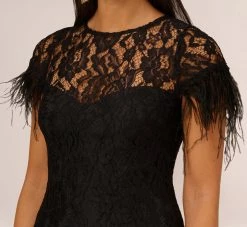 Floral Lace And Feather Trimmed Short Sheath Cocktail Dress In Black -Adrianna Papell Shop MN1E207483 AA002 Regular Detail