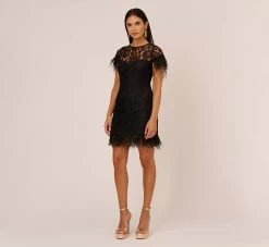 Floral Lace And Feather Trimmed Short Sheath Cocktail Dress In Black -Adrianna Papell Shop MN1E207483 AA002 Regular Front