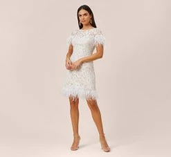 Floral Lace And Feather Trimmed Short Sheath Cocktail Dress In Ivory
