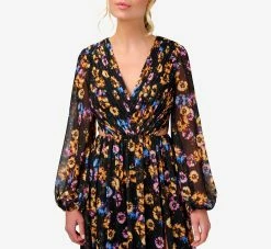 Floral-Print Pleated Chiffon Long A-Line Gown In Black Multi -Adrianna Papell Shop MN1E207505 AA960 Regular Detail