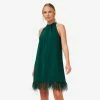 Feather Trimmed Crepe Short Cocktail Trapeze Halter Dress In Forest