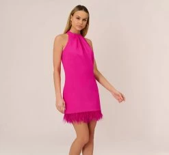 Feather Trimmed Crepe Short Cocktail Trapeze Halter Dress In Pink Flame