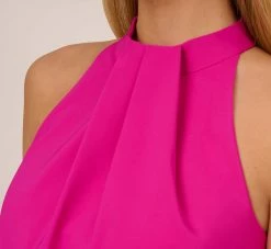 Feather Trimmed Crepe Short Cocktail Trapeze Halter Dress In Pink Flame -Adrianna Papell Shop MN1E207564 AR670 Regular Detail