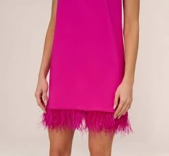 Feather Trimmed Crepe Short Cocktail Trapeze Halter Dress In Pink Flame -Adrianna Papell Shop MN1E207564 AR670 Regular Lifestyle