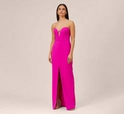 Stretch Crepe Long Column Gown With Sweetheart Neckline In Magenta