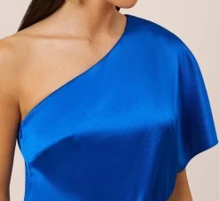 Satin One-Shoulder Draped Long Asymmetrical Gown In Violet Cobalt -Adrianna Papell Shop MN1E207653 BA401 Regular Side
