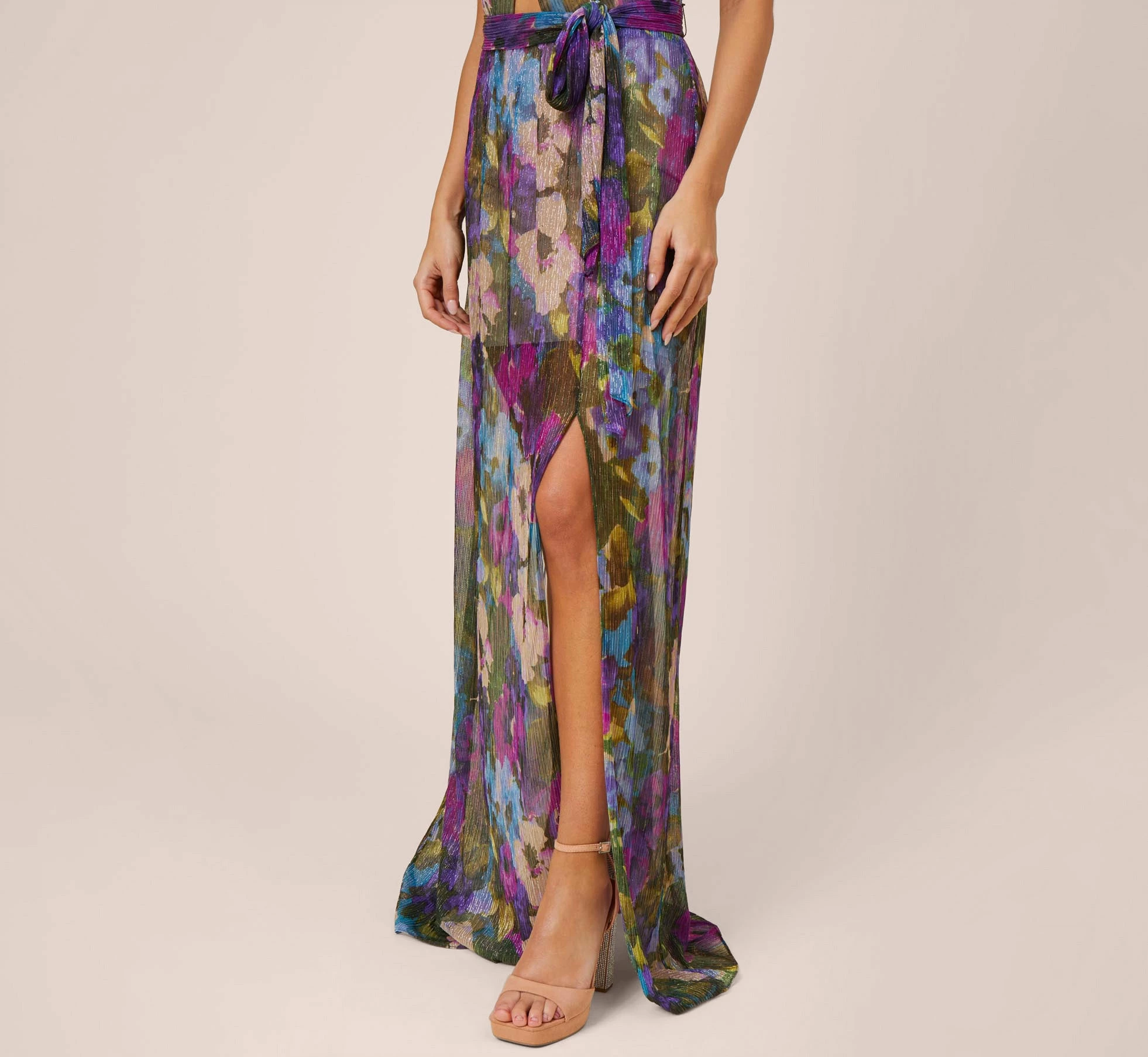 Floral-Print Metallic Crinkled Mesh Long Halter Tiered Dress In Magenta 3 Floral-Print Metallic Crinkled Mesh Long Halter Tiered Dress In Magenta - Image 3