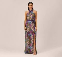 Floral-Print Metallic Crinkled Mesh Long Halter Tiered Dress In Magenta