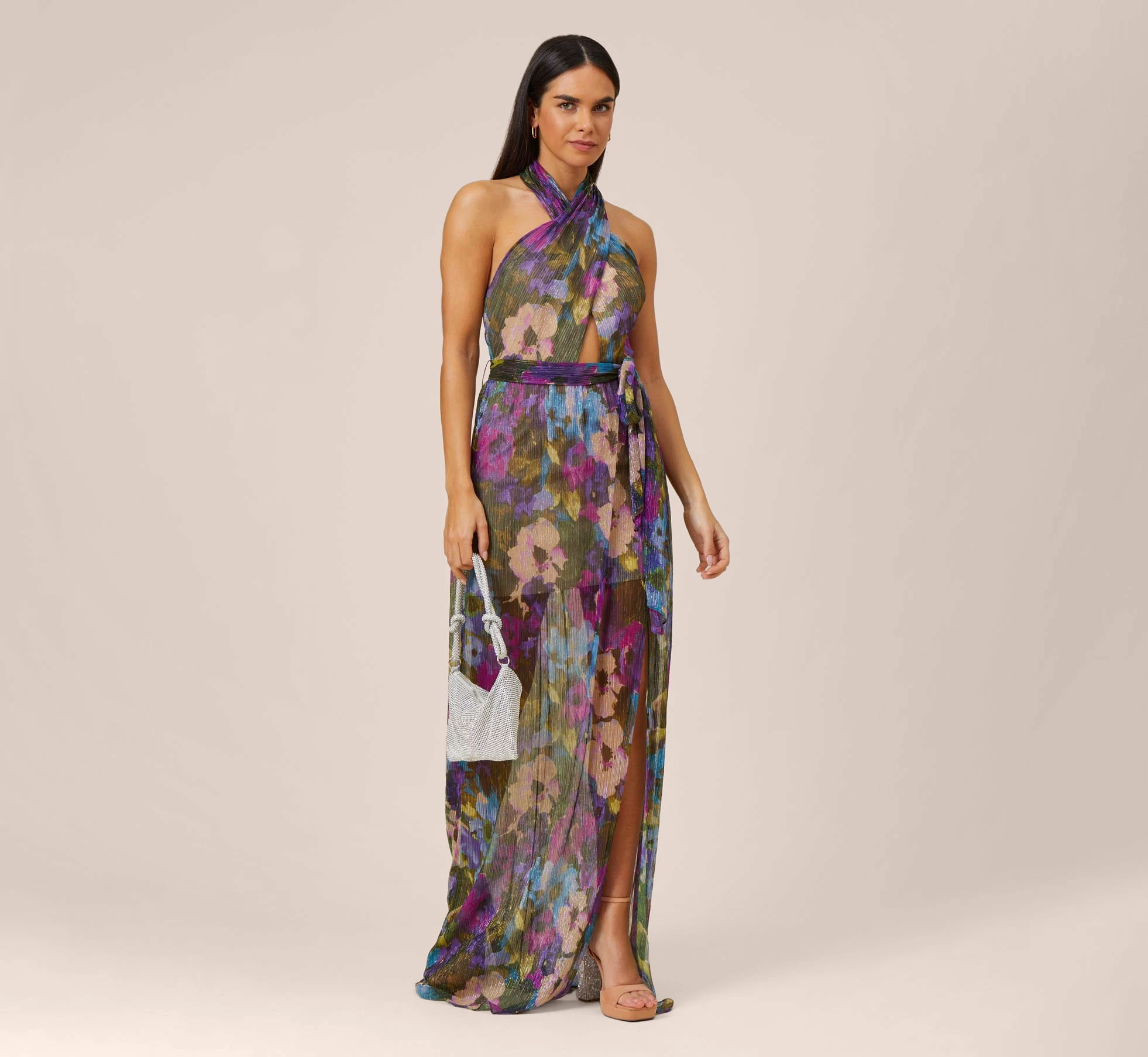 Floral-Print Metallic Crinkled Mesh Long Halter Tiered Dress In Magenta 2 Floral-Print Metallic Crinkled Mesh Long Halter Tiered Dress In Magenta - Image 2