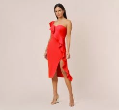 Stretch Crepe Strapless Midi-Length Sheath Cocktail Dress With Ruffle In Flame Red