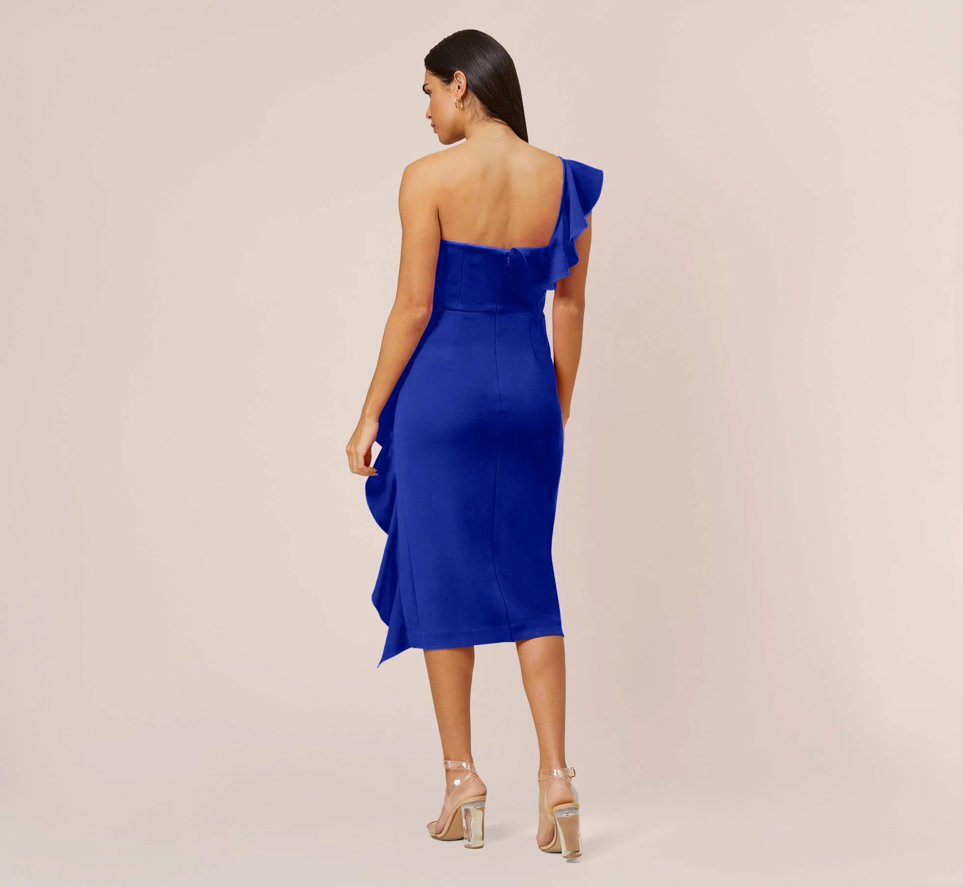 Stretch Crepe Strapless Midi-Length Sheath Cocktail Dress With Ruffle In Royal Sapphire 4 Stretch Crepe Strapless Midi-Length Sheath Cocktail Dress With Ruffle In Royal Sapphire - Image 4