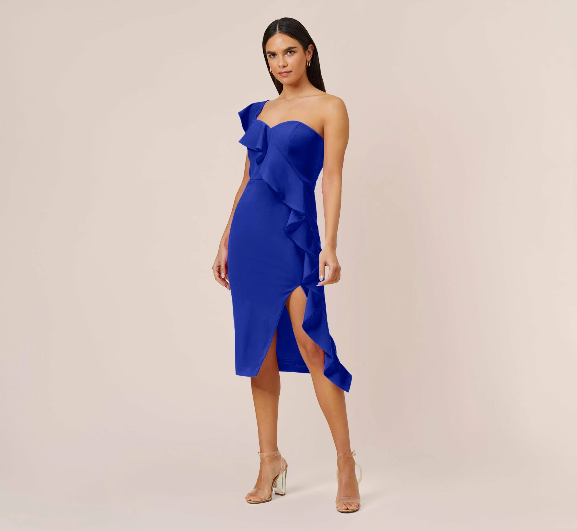 Stretch Crepe Strapless Midi-Length Sheath Cocktail Dress With Ruffle In Royal Sapphire 1 Stretch Crepe Strapless Midi-Length Sheath Cocktail Dress With Ruffle In Royal Sapphire