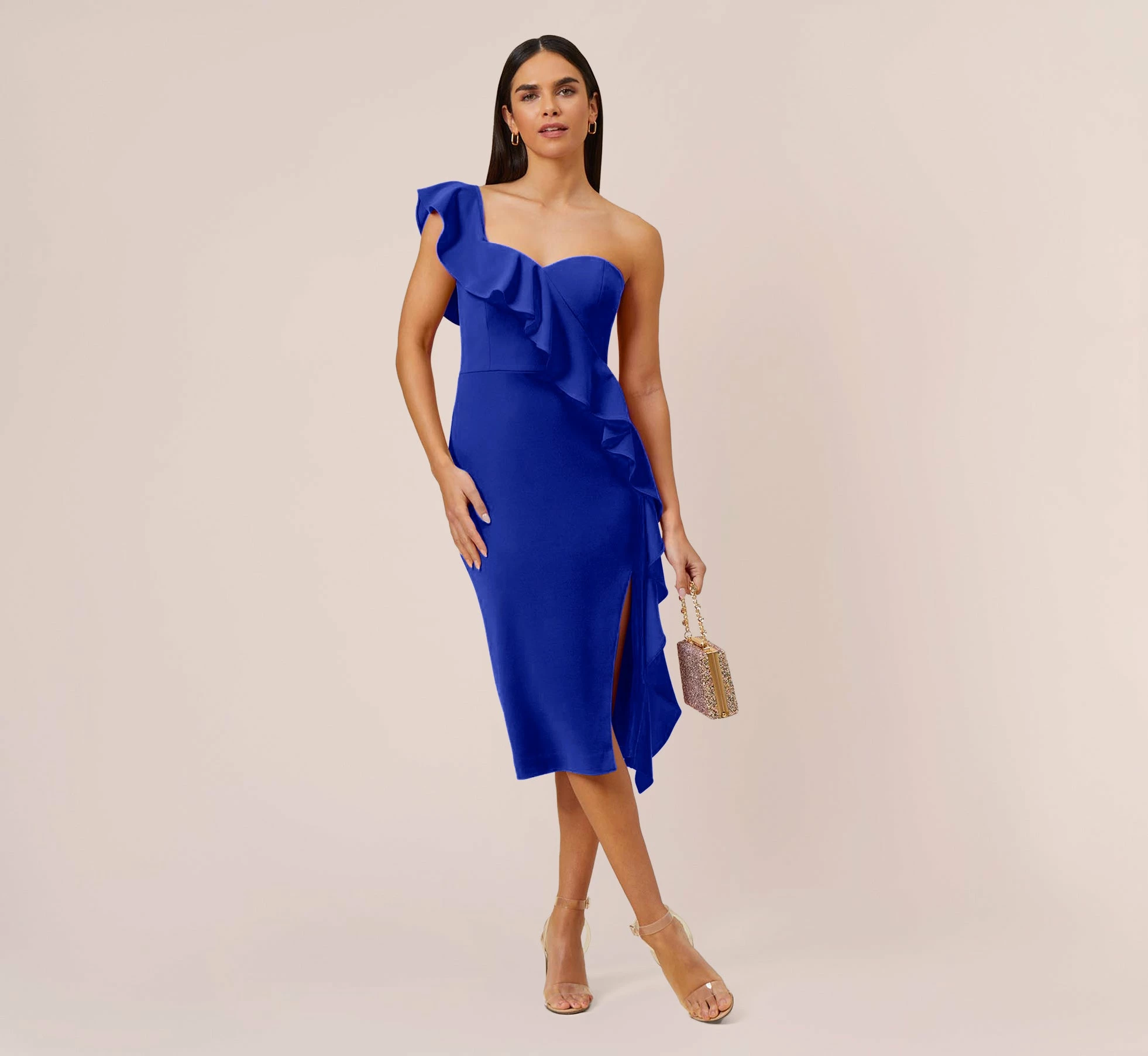Stretch Crepe Strapless Midi-Length Sheath Cocktail Dress With Ruffle In Royal Sapphire 2 Stretch Crepe Strapless Midi-Length Sheath Cocktail Dress With Ruffle In Royal Sapphire - Image 2