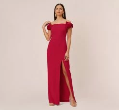 Stretch Crepe Off-The-Shoulder Long Column Gown With Bows In Matador Red
