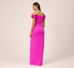 Stretch Crepe Off-The-Shoulder Long Column Gown With Bows In Pink Flame -Adrianna Papell Shop MN1E207804 AR670 Regular Back