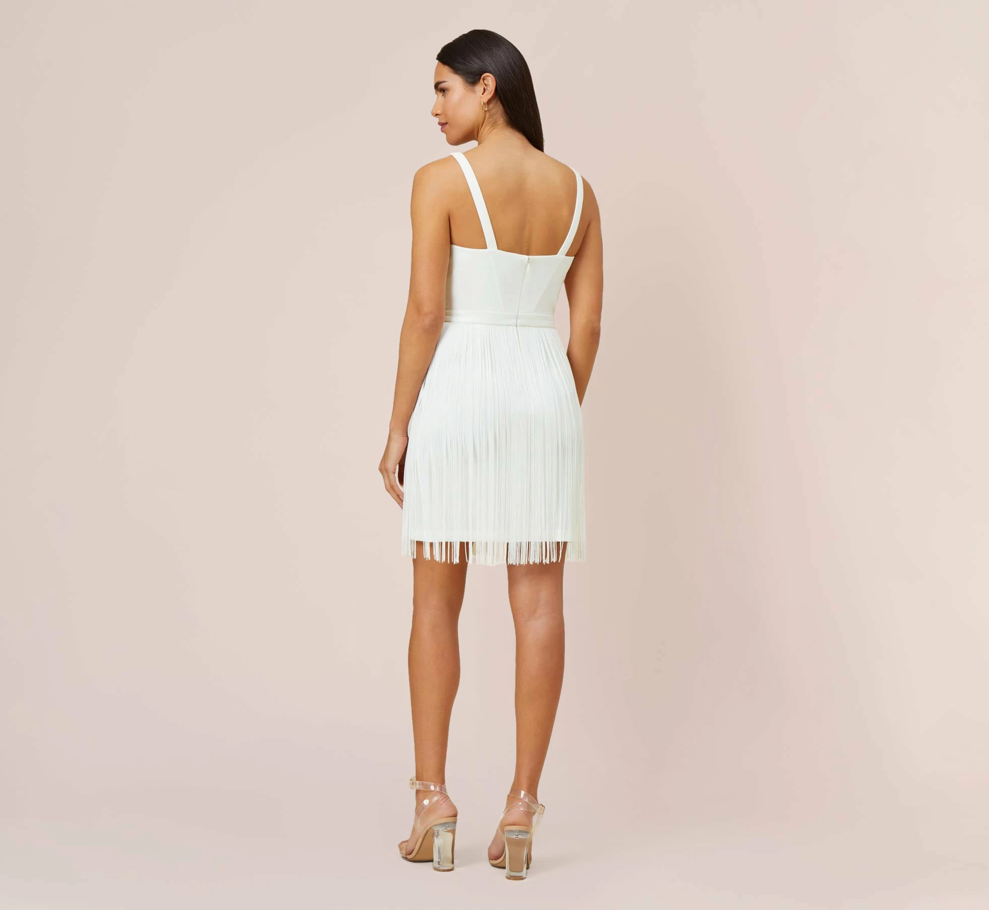 Stretch Crepe Fringe-Trim Short Sheath Cocktail Dress In Ivory 4 Stretch Crepe Fringe-Trim Short Sheath Cocktail Dress In Ivory - Image 4