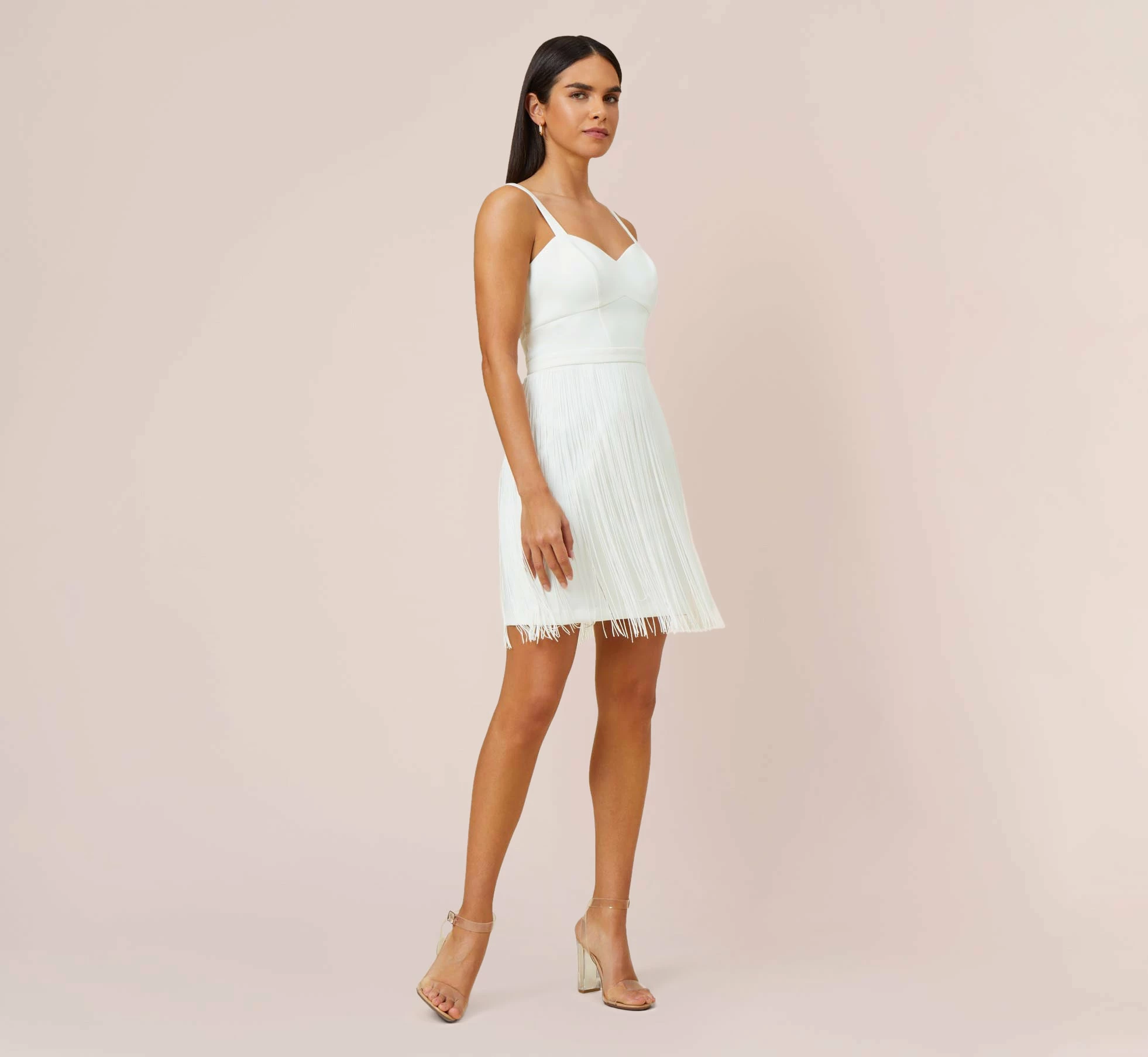 Stretch Crepe Fringe-Trim Short Sheath Cocktail Dress In Ivory 2 Stretch Crepe Fringe-Trim Short Sheath Cocktail Dress In Ivory - Image 2