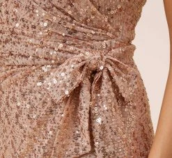 Sequined One-Shoulder Long Column Dress With Side Sash In Rose Gold -Adrianna Papell Shop MN1E207825 AA958 Regular Alternate