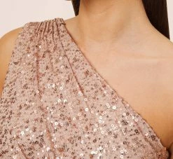 Sequined One-Shoulder Long Column Dress With Side Sash In Rose Gold -Adrianna Papell Shop MN1E207825 AA958 Regular Side