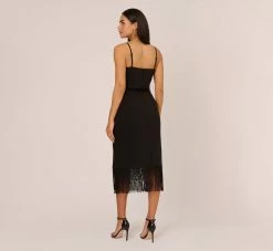 Crepe Popover Midi Dress With Fringe Trim In Black -Adrianna Papell Shop MN1E208002 AA002 Regular Back